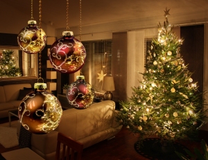 Christmas tree lights reflecting from glass balls and mirror